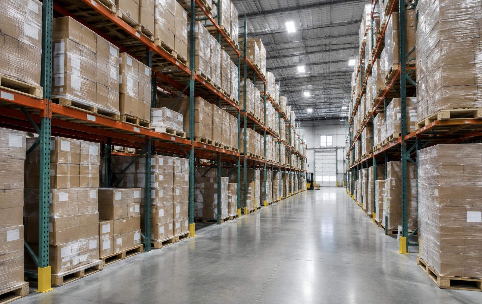Warehouse racking and packed cartons at the FORMAT facility