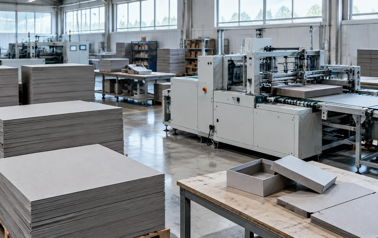 Paperboard production floor with board stacks and box-making machinery