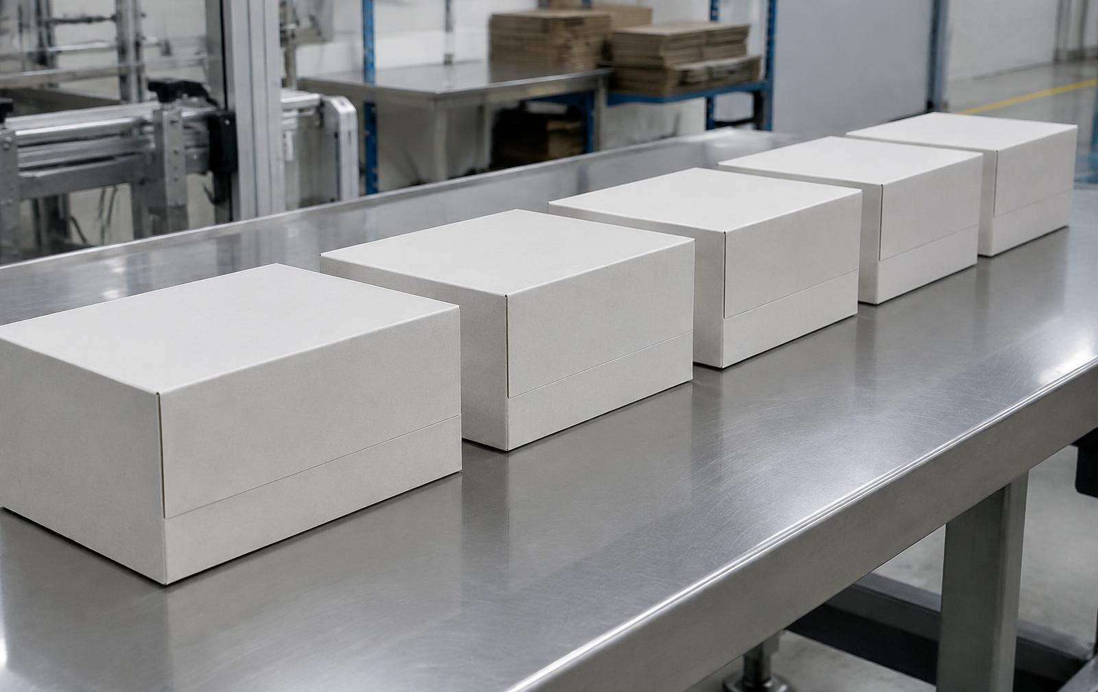 Finished rigid boxes on a steel inspection bench