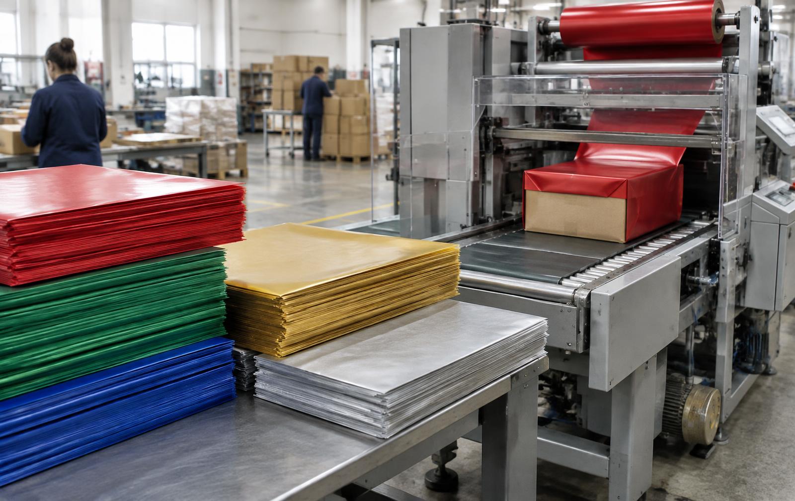 Stacks of wrap papers beside wrapping equipment
